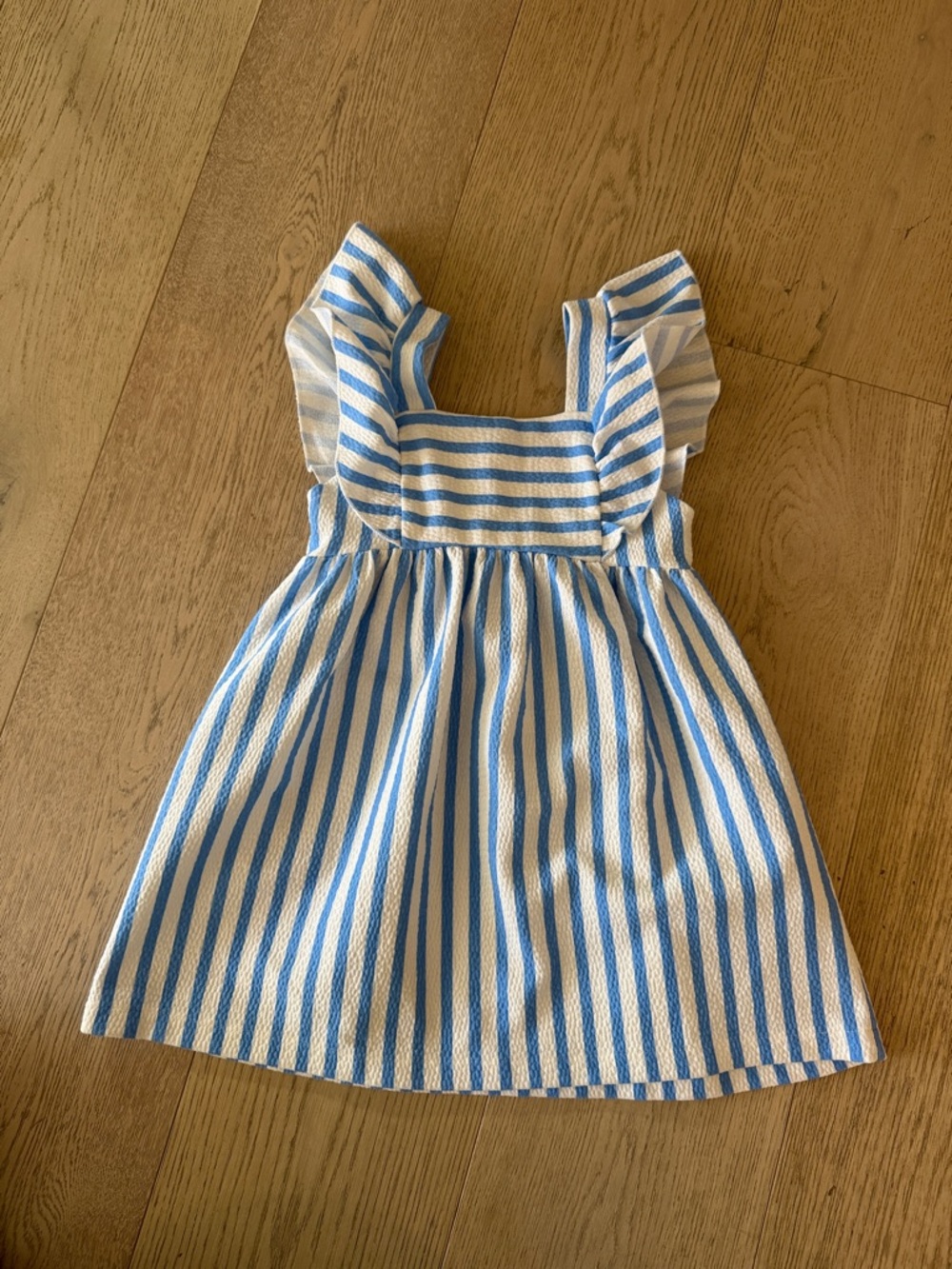 Zara Blue and White Striped Ruffle-Sleeve Kids Dress
